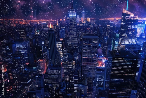 A stunning cityscape illuminated by artificial lights contrasts with a dark sky filled with countless stars, A radiating cityscape with glittering skyscrapers at night, AI Generated