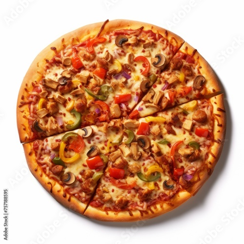 A pizza with a golden-brown crust, topped with a variety of colorful vegetables, isolated on white background