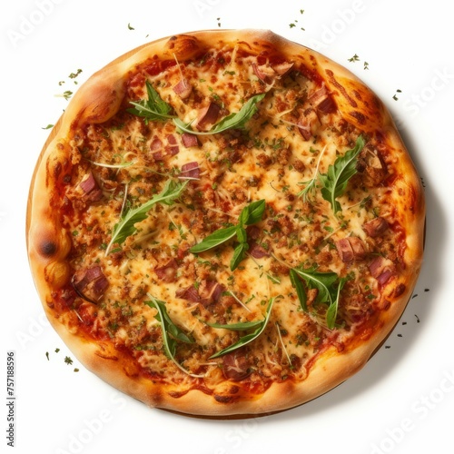 A pizza with a golden-brown crust, topped with a variety of herbs, isolated on white background
