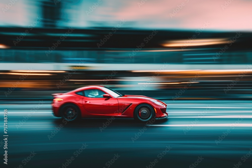 A vibrant red sports car zooming down a bustling city street with other vehicles in motion, A red sports car zooming on a highway, AI Generated