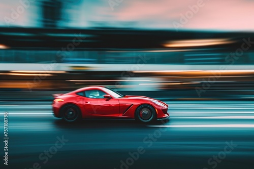 A vibrant red sports car zooming down a bustling city street with other vehicles in motion, A red sports car zooming on a highway, AI Generated © Iftikhar alam