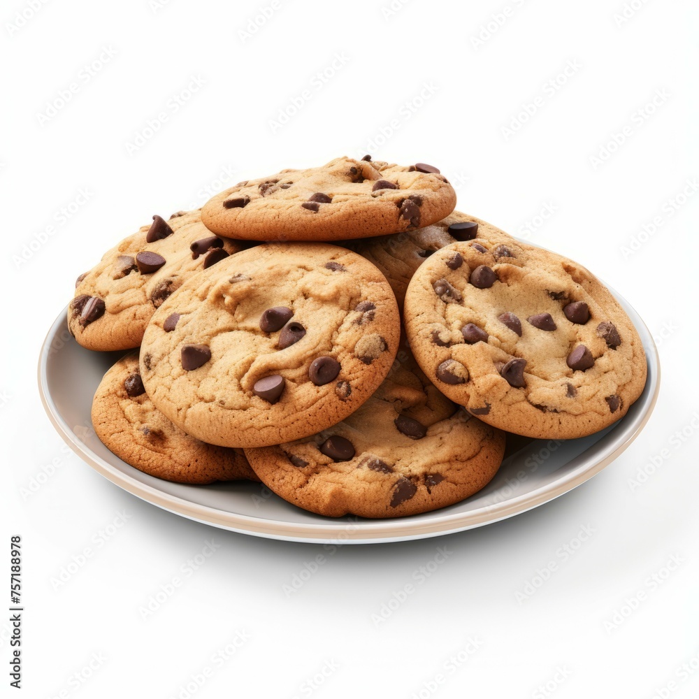 A plate of freshly baked cookies with chocolate chips, isolated on white background A plate of freshly baked cookies with chocolate chips, isolated on white background