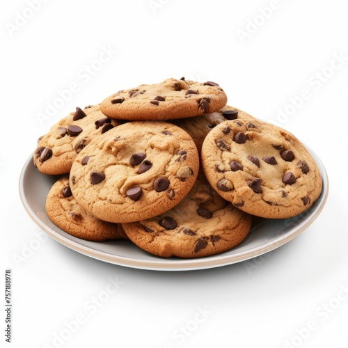 A plate of freshly baked cookies with chocolate chips  isolated on white background