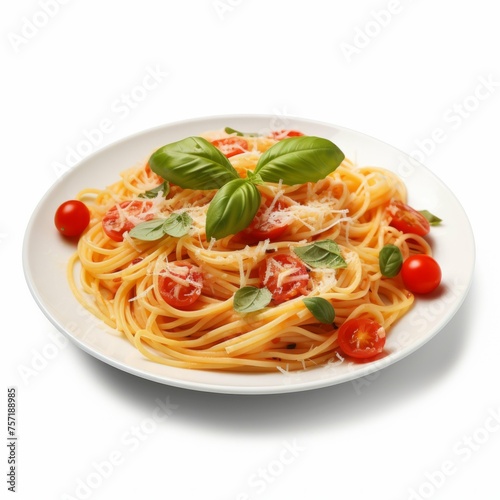 A plate of freshly cooked pasta with tomatoes, basil, and Parmesan cheese, isolated on white background