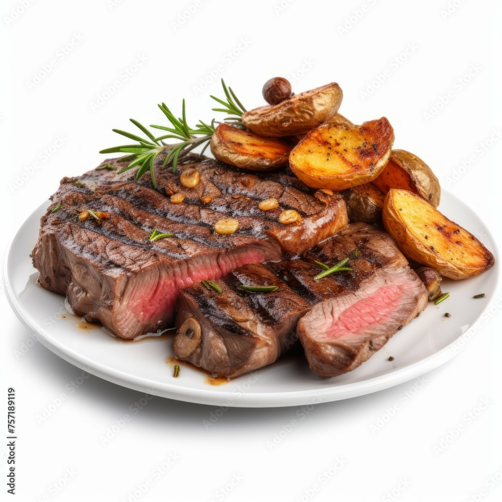 A juicy steak with mushrooms and roasted potatoes, isolated on white background