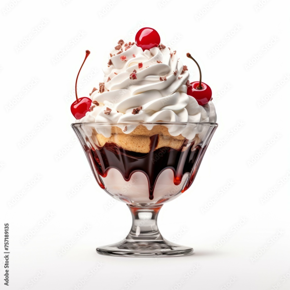 A freshly made ice cream sundae with whipped cream and a cherry on top, isolated on white background A freshly made ice cream sundae with whipped cream and a cherry on top, isolated on white background