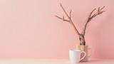 A cup with a delicate branch inside, placed on a rustic table