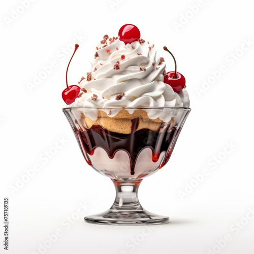 A freshly made ice cream sundae with whipped cream and a cherry on top, isolated on white background