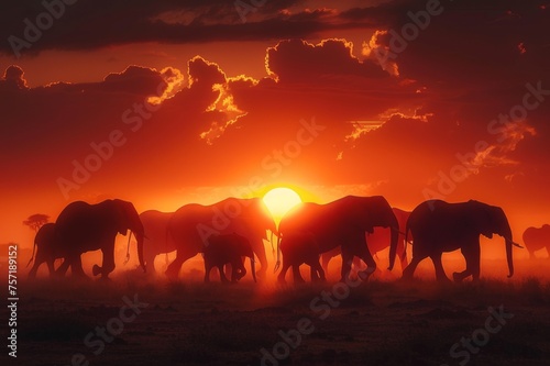 Herd of elephants walking at sunset creating a silhouette contrasting with the horizon