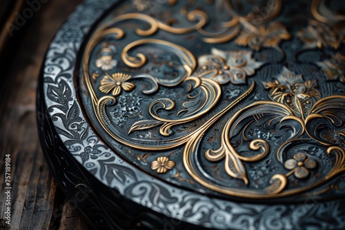 An antique carved metal plate with intricate patterns and gold embellishments