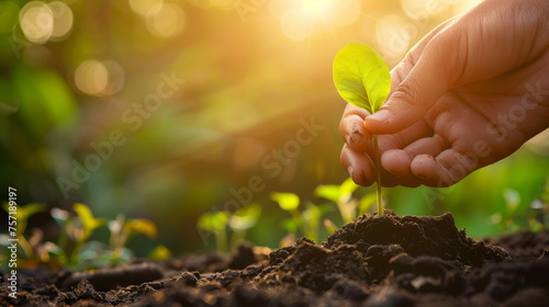 A human hand is captured planting a tender green seedling into the earth, illuminated by golden sunlight, evoking care and environmental hope