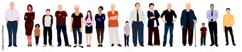 group of multiracial people. people from different races. Children, teenage, adult, parents and grandparent.  Set of group of people standing and posing. Children with their parents and grandparents. 