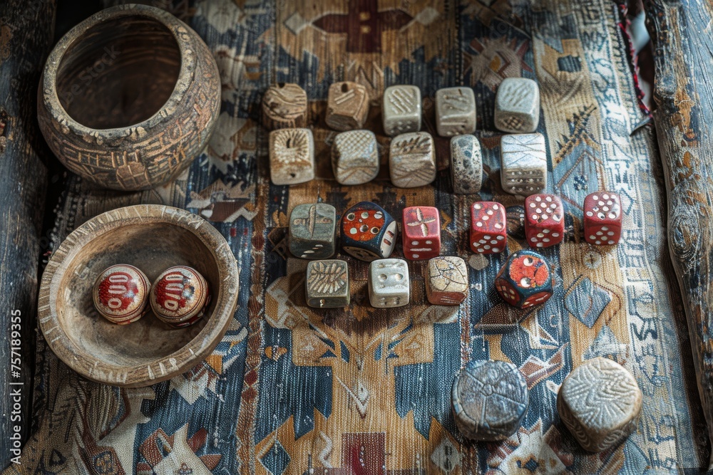 Assortment of carved wooden dice and tokens on an ethnic-patterned fabric Assortment of carved wooden dice and tokens on an ethnic-patterned fabric