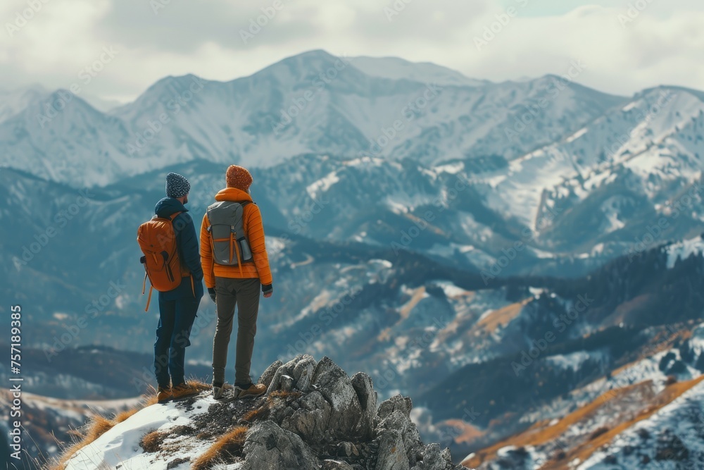 Couple Standing on Top of Mount Everest, A rewarding mountain hiking experience featuring two friends and their strong camaraderie, AI Generated