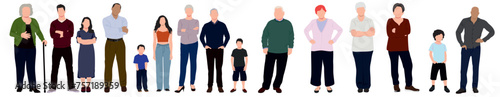 group of multiracial people. people from different races. Children, teenage, adult, parents and grandparent.  Set of group of people standing and posing. Children with their parents and grandparents. 
