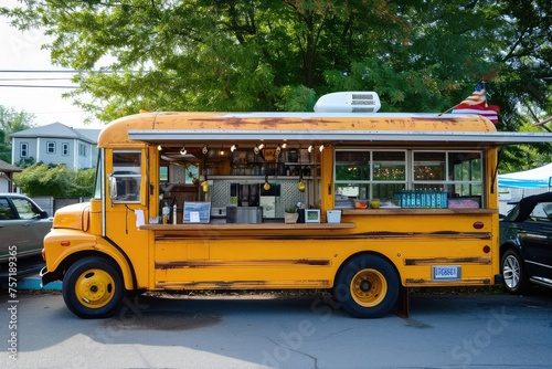 A brightly colored yellow food truck is parked in a busy parking lot, A retro school bus turned food truck, AI Generated