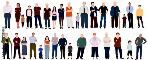 group of multiracial people. people from different races. Children, teenage, adult, parents and grandparent.  Set of group of people standing and posing. Children with their parents and grandparents. 