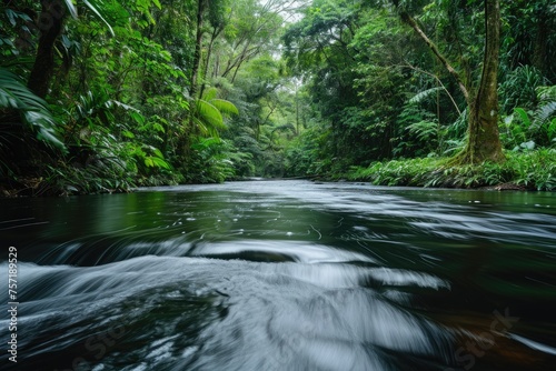 Majestic River Flowing Through a Verdant Forest  A rippling flow of a river cutting through the heart of a rainforest  AI Generated
