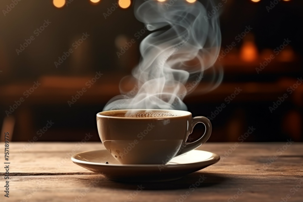 A cup of hot coffee with smoke rising from it on a wooden table