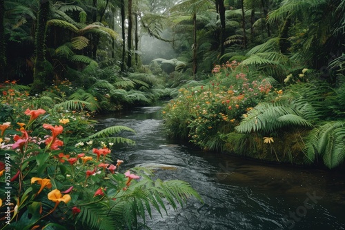 A winding stream cuts through a vibrant lush green forest  creating a mesmerizing natural landscape  A river in a rainforest surrounded by ferns and wildflowers  AI Generated