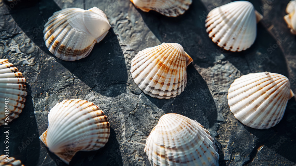 Aesthetic top view of white seashells on dark background. Sun rays, minimalist sea concept. Generative AI Aesthetic top view of white seashells on dark background. Sun rays, minimalist sea concept. Generative AI