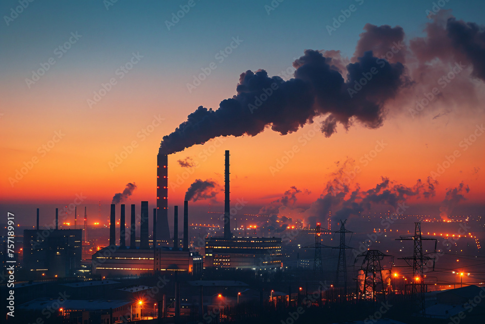 Industrial smokestacks emitting pollution at twilight. Environmental issues and industrial impact concept for design and awareness campaigns. Air quality and climate change theme