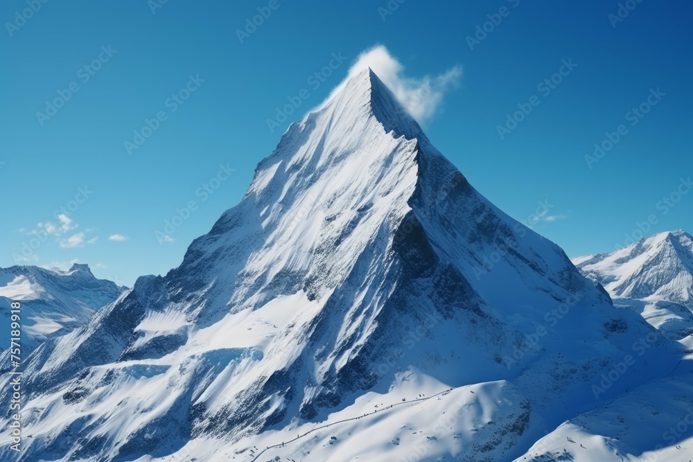 A majestic mountain peak with snow-capped peaks and a clear blue sky