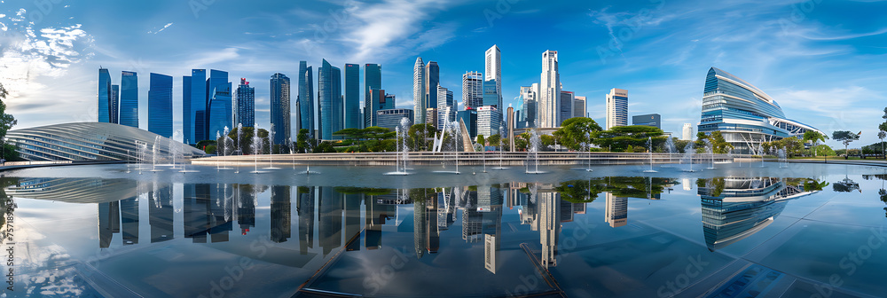 A futuristic cityscape with sleek skyscrapers reflected in the shimmering waters of a modern outdoor fountain - obrazy, fototapety, plakaty 