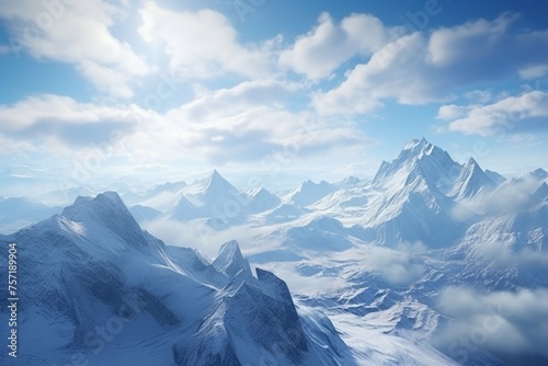 A majestic mountain range with snow-capped peaks and a vast expanse of sky in the background