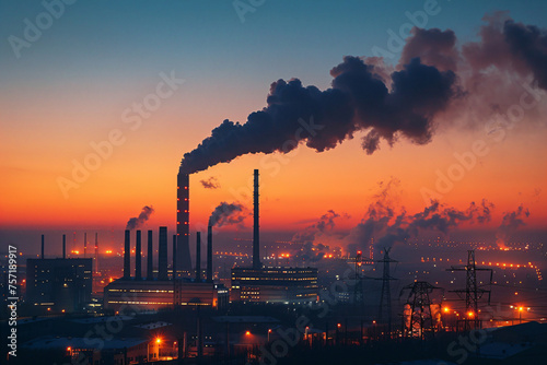 Industrial smokestacks emitting pollution at twilight. Environmental issues and industrial impact concept for design and awareness campaigns. Air quality and climate change theme