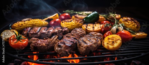 A delicious dish is being prepared on the grill, with meat and vegetables sizzling to perfection. The natural foods will make a mouthwatering cuisine