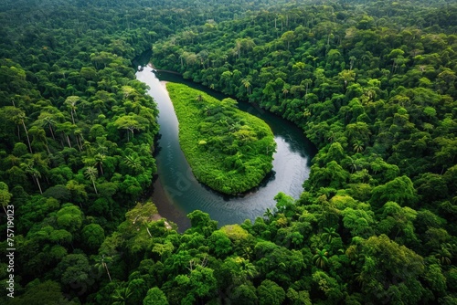 Majestic River Flowing Through a Verdant Green Forest, A river winding through a lush rainforest, AI Generated