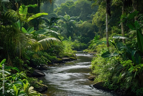 A river winds its way through a dense green forest  creating a captivating scene of natural beauty  A river twisting through the vibrant undergrowth of a rainforest  AI Generated