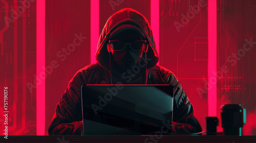 A dark figure with obscured face operates a laptop in a neon-cyber world, insinuating covert operations photo