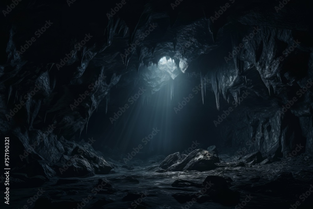 a mysterious, dark cave, illuminated by a single beam of light
