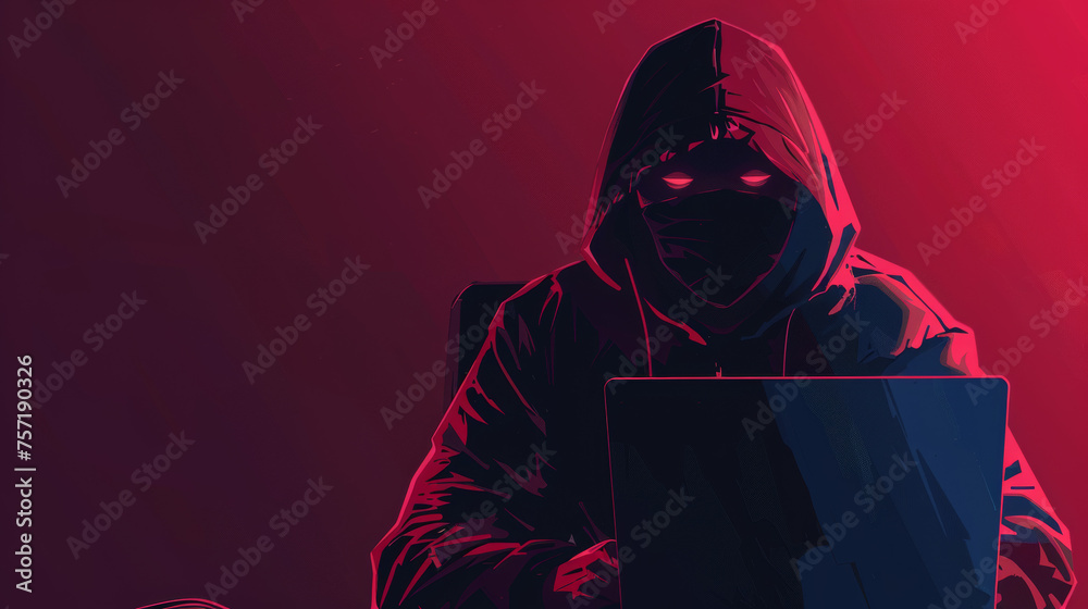 The intense red mask of a hooded figure dominates as they engage with their laptop, symbolizing danger in the digital world The intense red mask of a hooded figure dominates as they engage with their laptop, symbolizing danger in the digital world