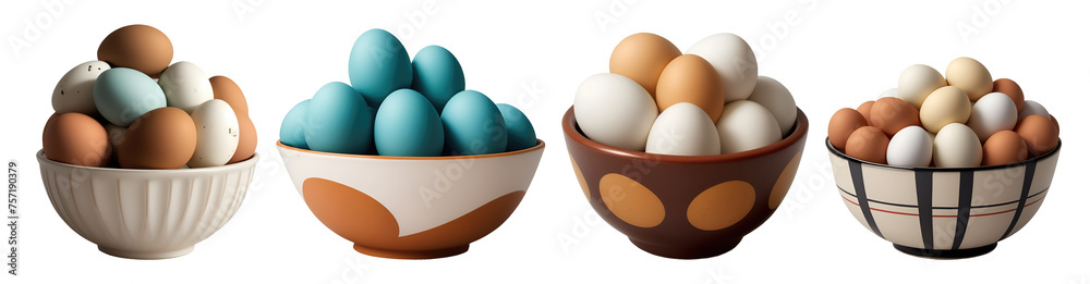 Set of different eggs arranged in bowls isolated on transparent background. Generative AI Set of different eggs arranged in bowls isolated on transparent background. Generative AI