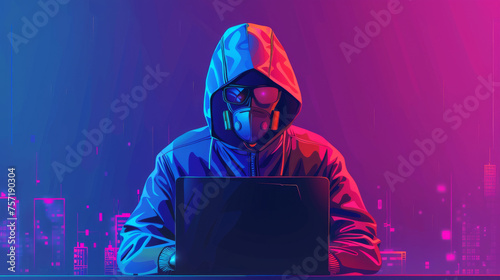 Vibrant image of a tech-savvy individual in a hoodie using a laptop, set against a neon-lit cityscape photo