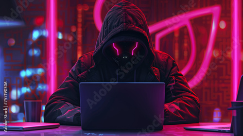 An enigmatic hacker works intensely on a laptop in a room bathed in ominous red light, suggesting covert cyber activities