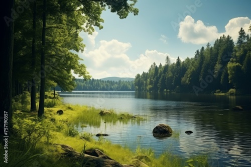 a picturesque lake surrounded by lush green trees and a peaceful atmosphere