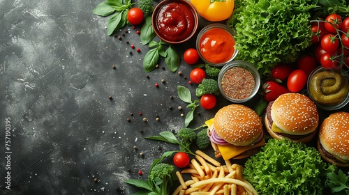 hamburgers and a portion of fries on the table, fresh vegetables and herbs. Concept: fast food restaurant, educational materials about healthy eating and its alternatives, culinary blogs
