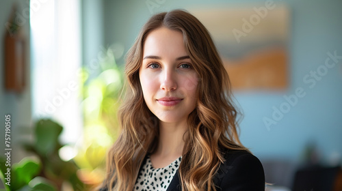 Posing for a headshot against an Easter-themed backdrop in a brightly lighted office, this confident woman exudes professionalism.