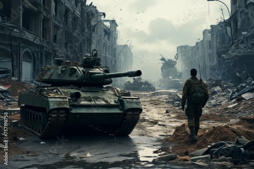 A soldier in a camouflaged uniform walking through a destroyed city street, with a tank in the background