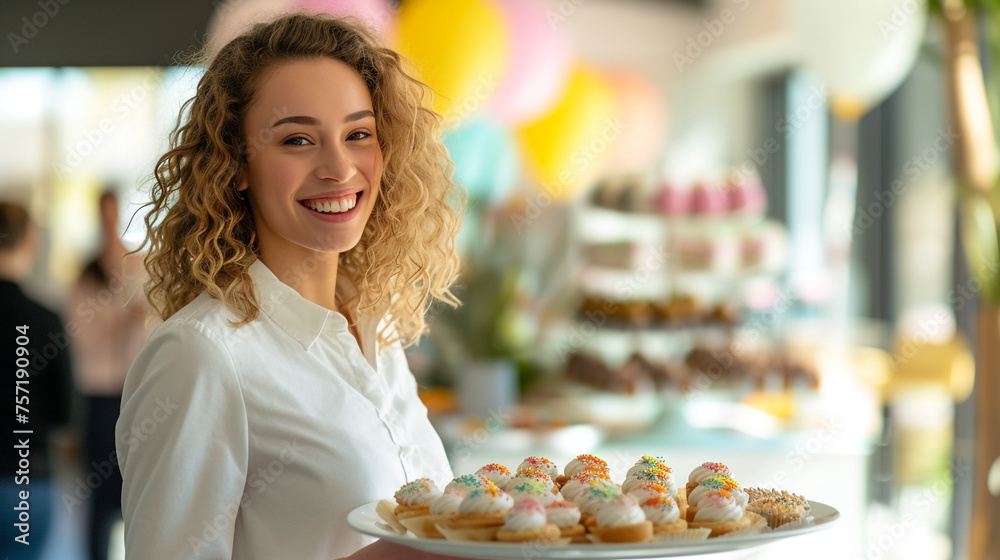 Successful businesswoman holding a tray of Easter treats, sharing smiles and joy during a workplace celebration.