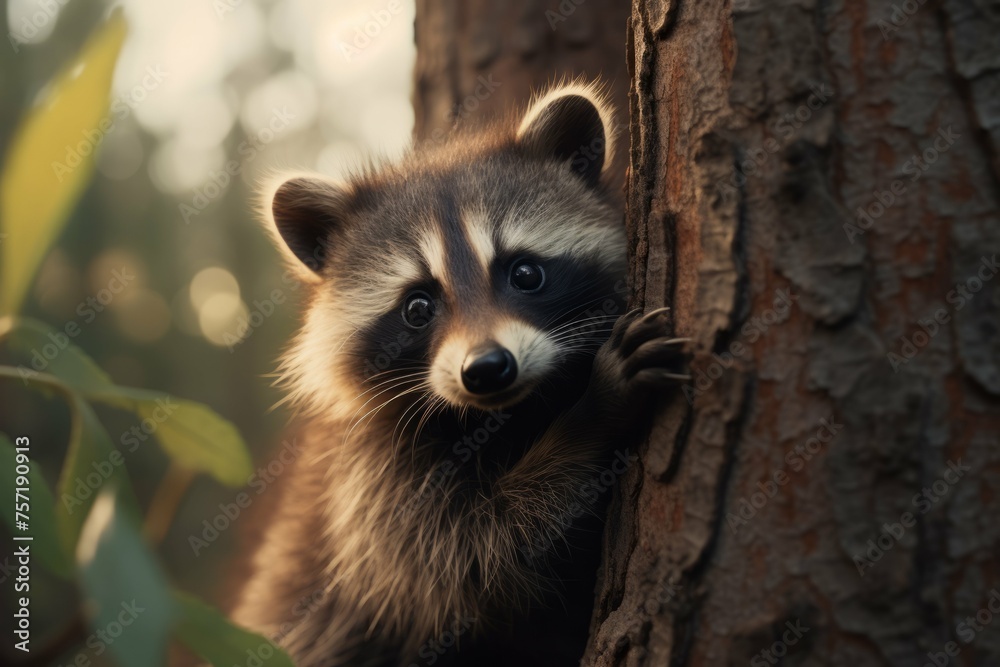 A baby raccoon peeking out from behind a tree, its eyes wide and its fur ruffled from the wind - obrazy, fototapety, plakaty 