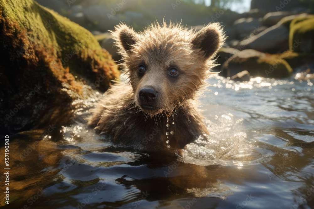 A baby bear cub playing in a river, its fur glistening in the sunlight