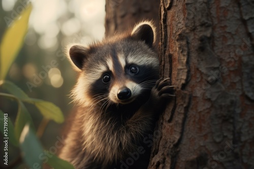 A baby raccoon peeking out from behind a tree, its eyes wide and its fur ruffled from the wind