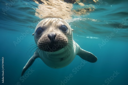 A baby seal pup swimming in the ocean, its eyes wide with curiosity and its whiskers twitching © Michael Böhm