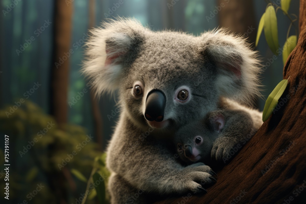 Fototapeta premium A baby koala bear clinging to its mother's back