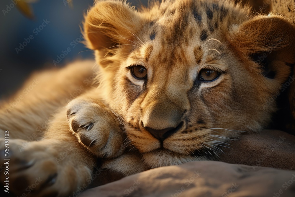 A baby lion cub resting its head on its mother's paw